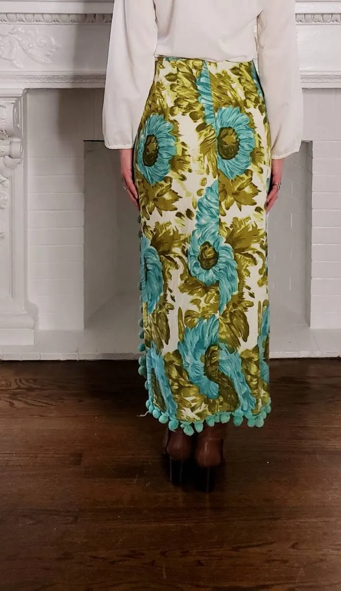1970s 1960s Maxi Skirt Blue Gold Floral Print Pom Poms / 70s 60s Hippie Boho Skirt Bold Loud Print Ball Fringe / M / Selene
