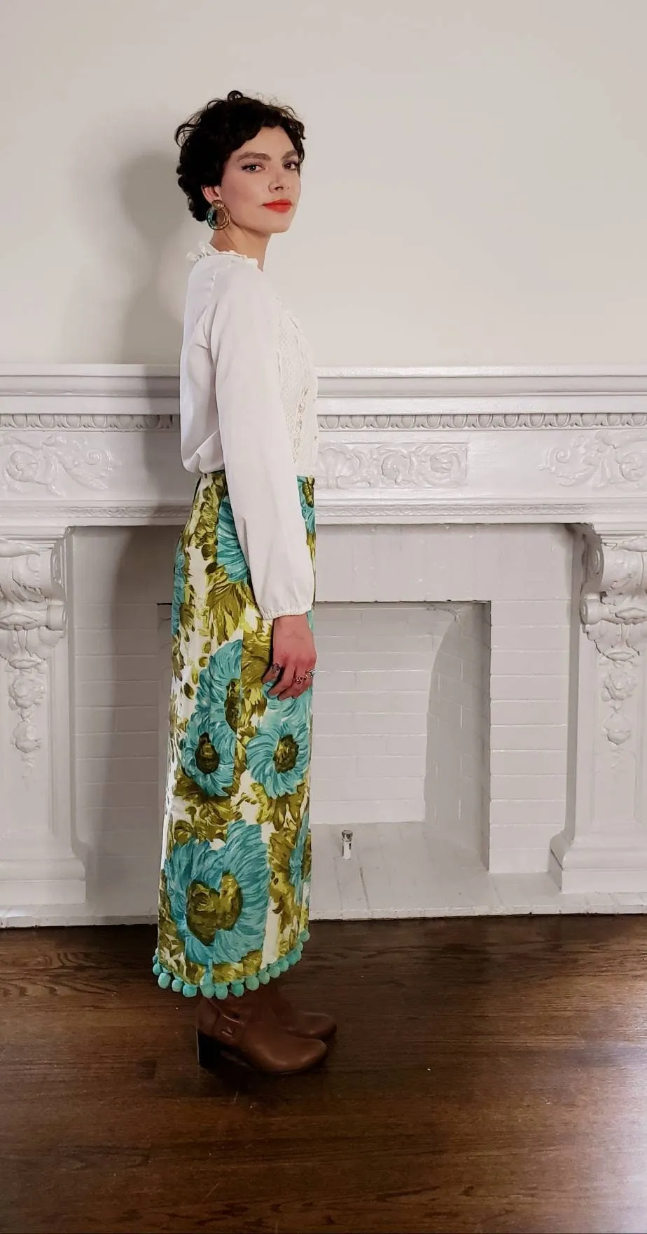 1970s 1960s Maxi Skirt Blue Gold Floral Print Pom Poms / 70s 60s Hippie Boho Skirt Bold Loud Print Ball Fringe / M / Selene