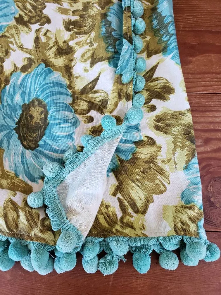 1970s 1960s Maxi Skirt Blue Gold Floral Print Pom Poms / 70s 60s Hippie Boho Skirt Bold Loud Print Ball Fringe / M / Selene