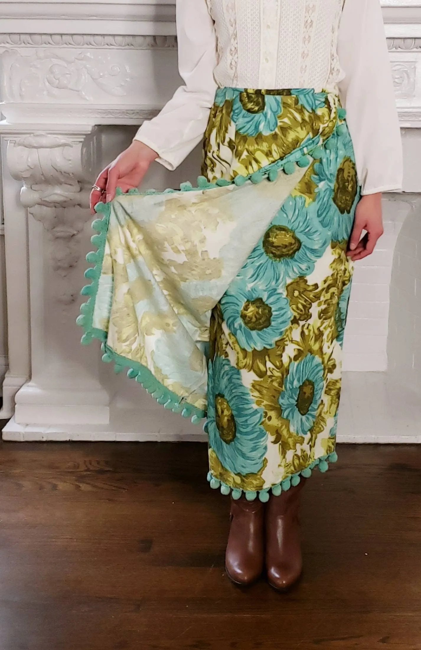 1970s 1960s Maxi Skirt Blue Gold Floral Print Pom Poms / 70s 60s Hippie Boho Skirt Bold Loud Print Ball Fringe / M / Selene