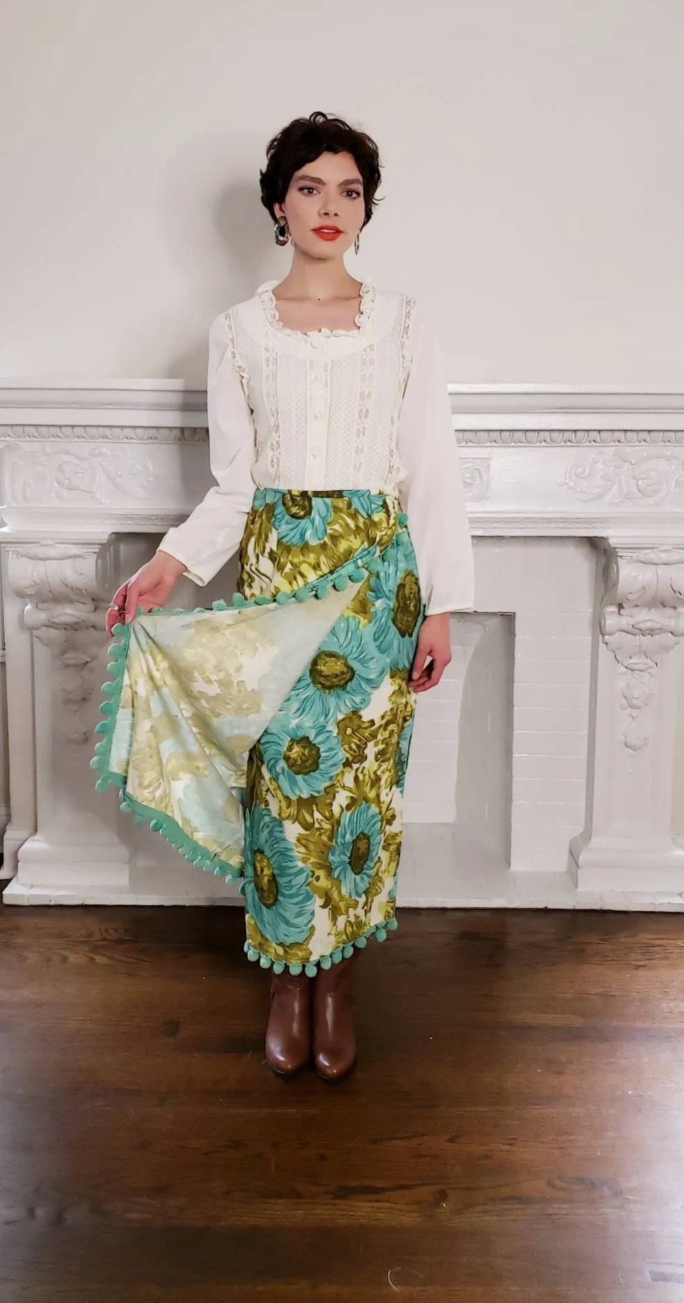 1970s 1960s Maxi Skirt Blue Gold Floral Print Pom Poms / 70s 60s Hippie Boho Skirt Bold Loud Print Ball Fringe / M / Selene