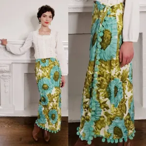 1970s 1960s Maxi Skirt Blue Gold Floral Print Pom Poms / 70s 60s Hippie Boho Skirt Bold Loud Print Ball Fringe / M / Selene