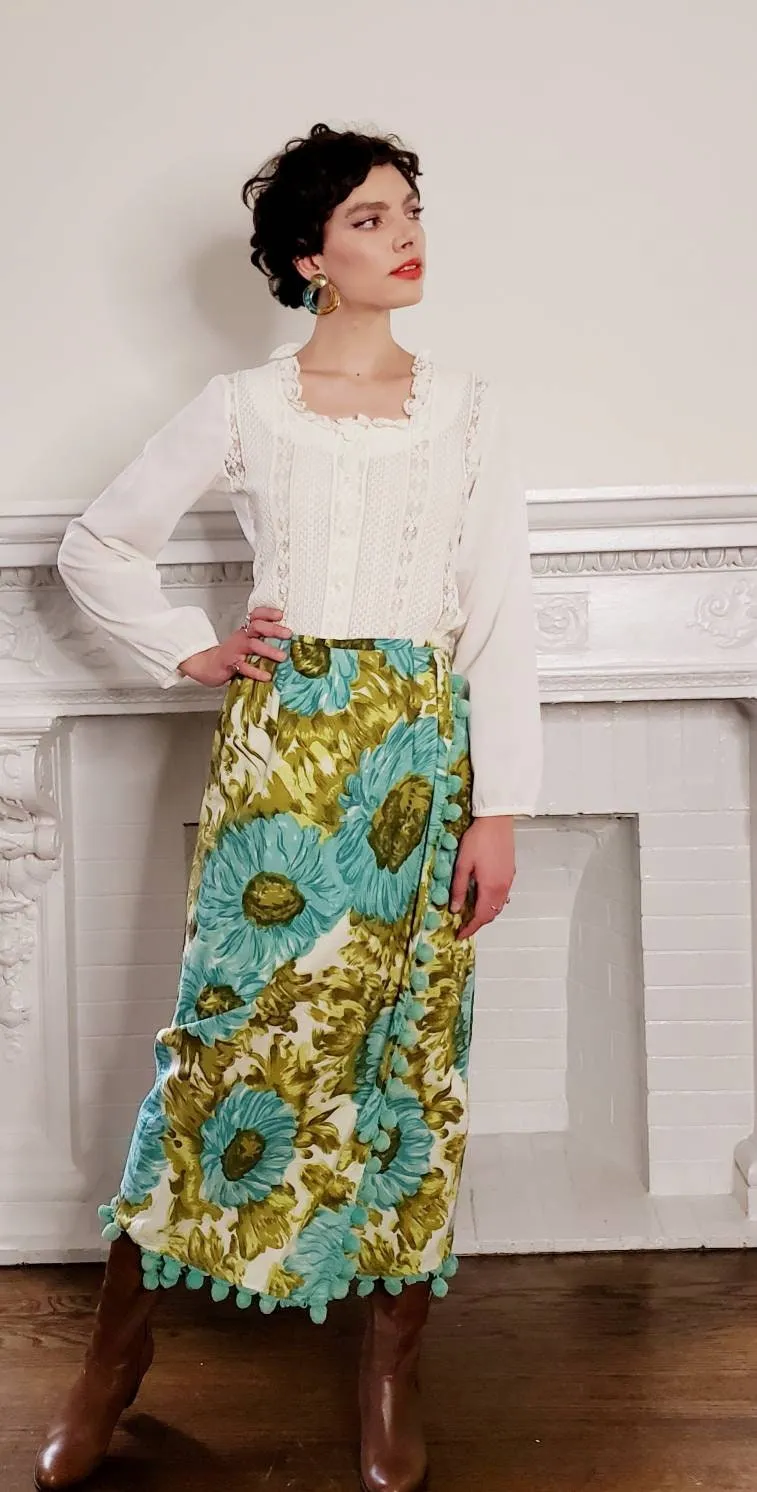 1970s 1960s Maxi Skirt Blue Gold Floral Print Pom Poms / 70s 60s Hippie Boho Skirt Bold Loud Print Ball Fringe / M / Selene