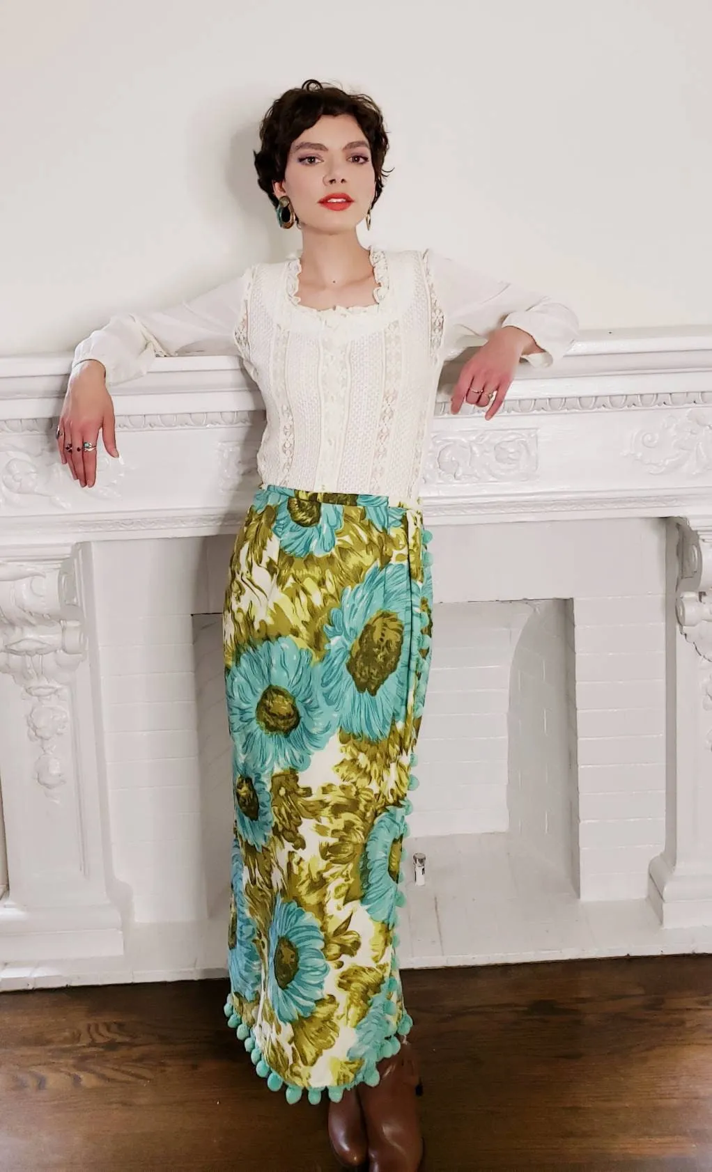 1970s 1960s Maxi Skirt Blue Gold Floral Print Pom Poms / 70s 60s Hippie Boho Skirt Bold Loud Print Ball Fringe / M / Selene