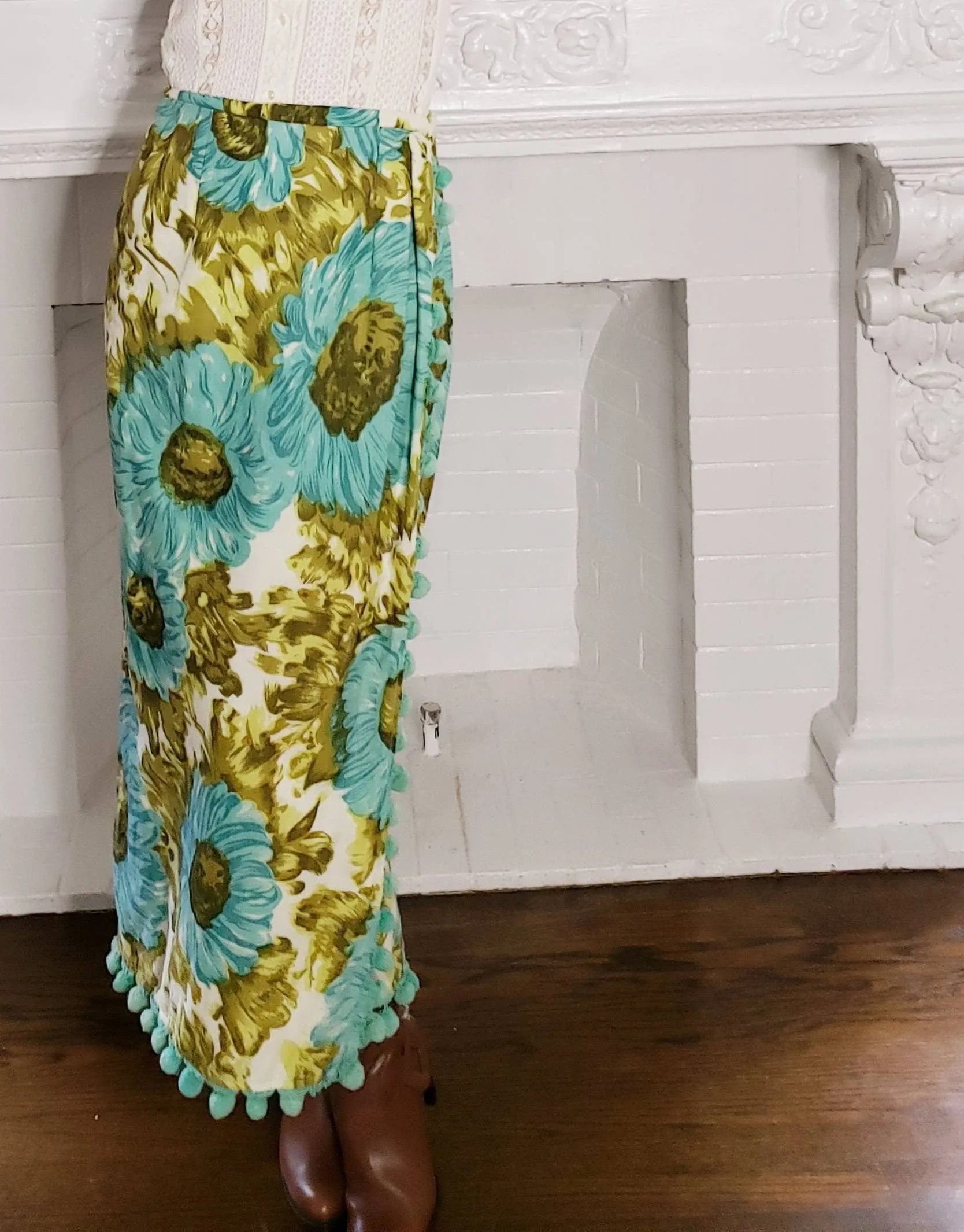 1970s 1960s Maxi Skirt Blue Gold Floral Print Pom Poms / 70s 60s Hippie Boho Skirt Bold Loud Print Ball Fringe / M / Selene