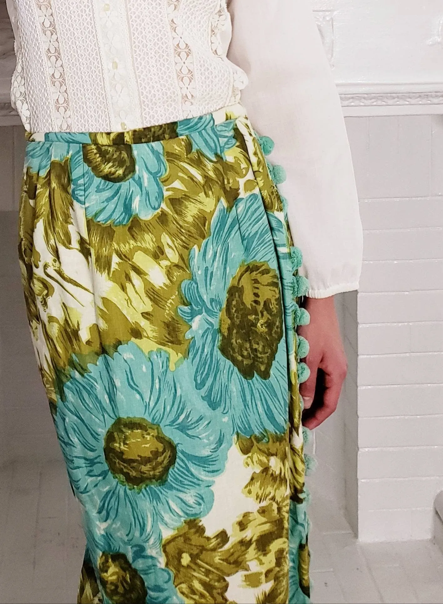 1970s 1960s Maxi Skirt Blue Gold Floral Print Pom Poms / 70s 60s Hippie Boho Skirt Bold Loud Print Ball Fringe / M / Selene