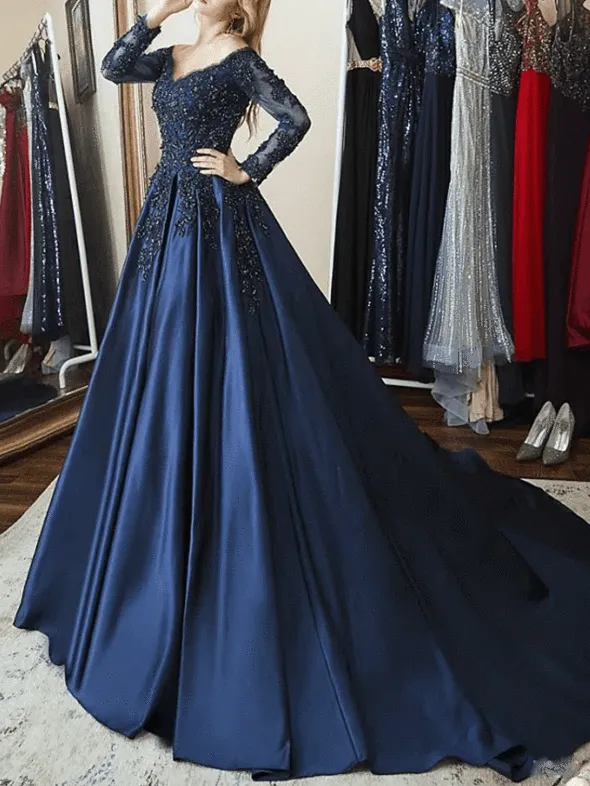 2024 A Line Prom Dresses Navy Blue Long Sleeves Appliques V Neck Evening Gown