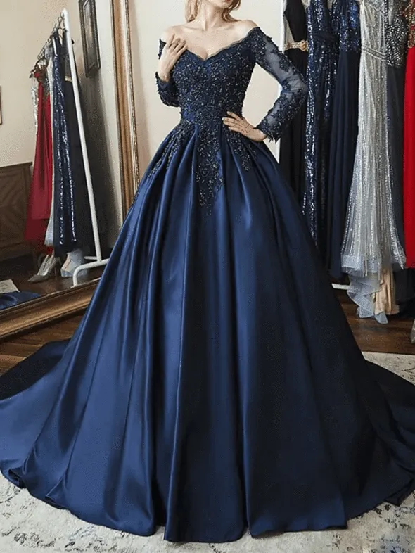 2024 A Line Prom Dresses Navy Blue Long Sleeves Appliques V Neck Evening Gown
