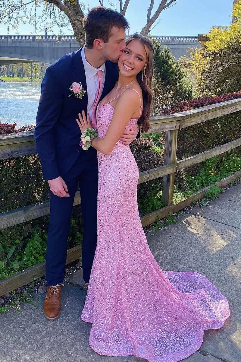 2025 Long Pink Prom Dresses Sequin Mermaid Sleeveless Formal Dress