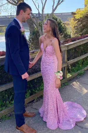 2025 Long Pink Prom Dresses Sequin Mermaid Sleeveless Formal Dress