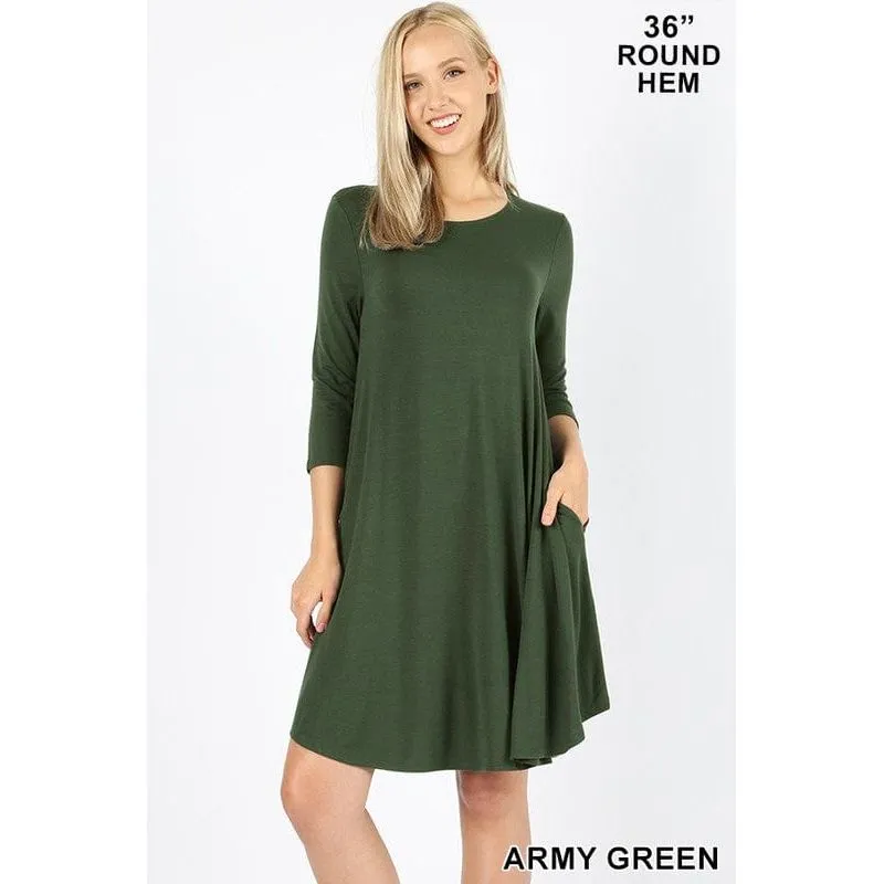 3/4 SLV ROUND HEM A LINE DRESS WITH SIDE POCKETS Women Clothing Boutique