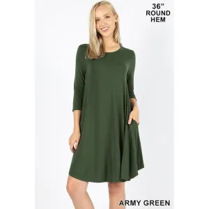 3/4 SLV ROUND HEM A LINE DRESS WITH SIDE POCKETS Women Clothing Boutique