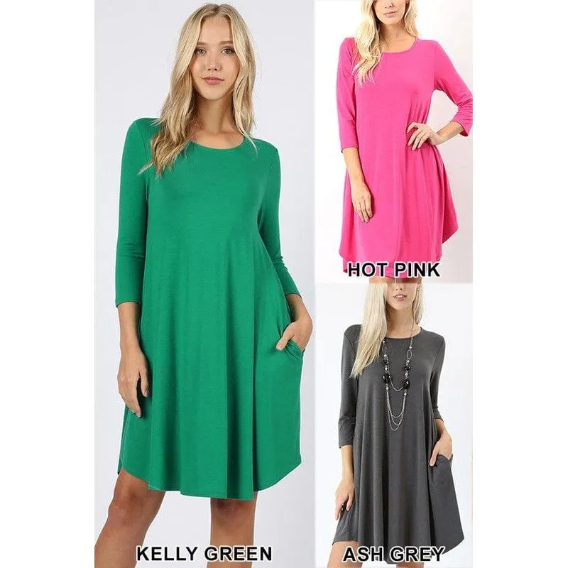 3/4 SLV ROUND HEM A LINE DRESS WITH SIDE POCKETS Women Clothing Boutique