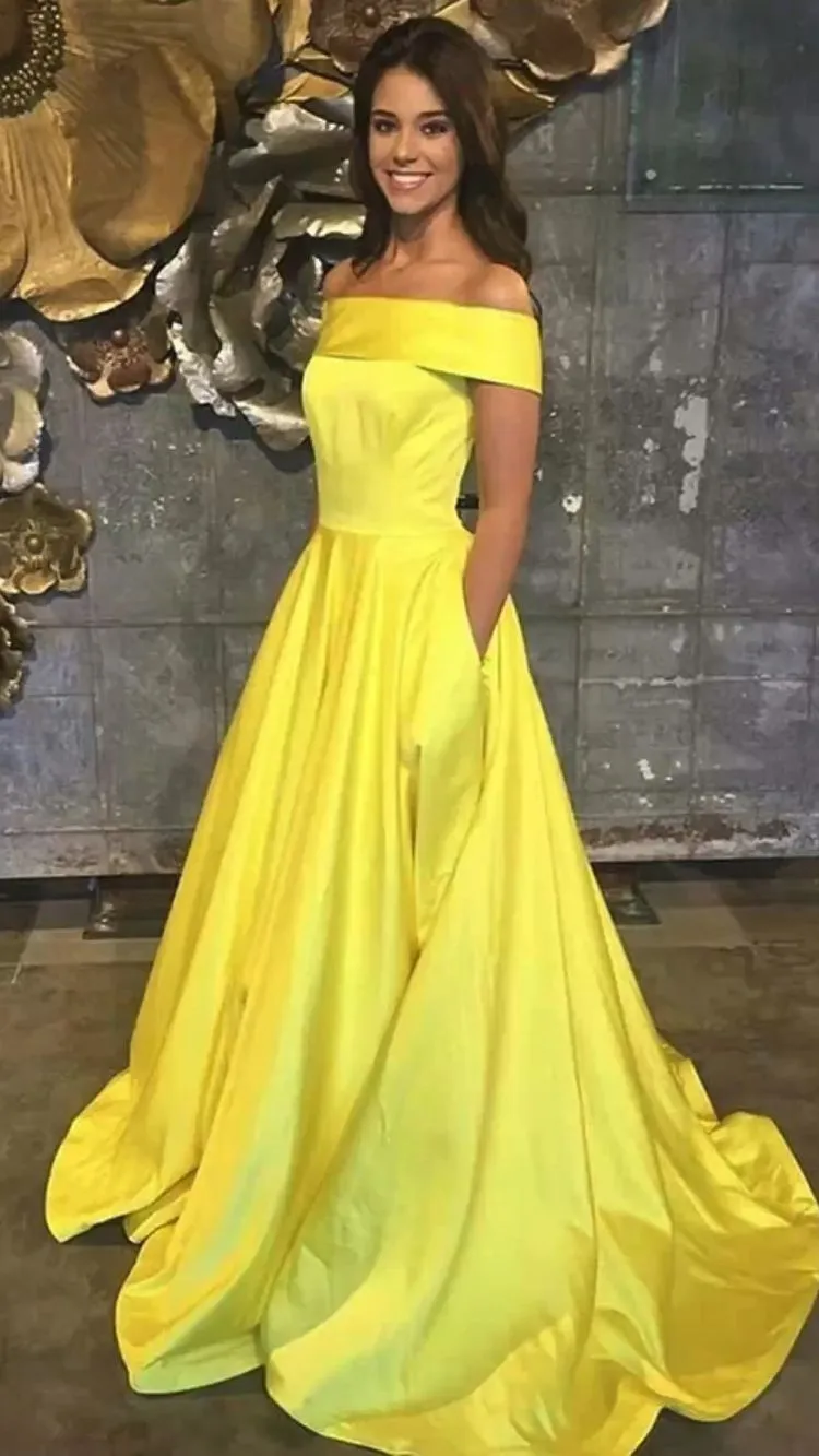 A-line Yellow Evening Dresses UK Simple Off-the-shoulder Long Prom Dresses