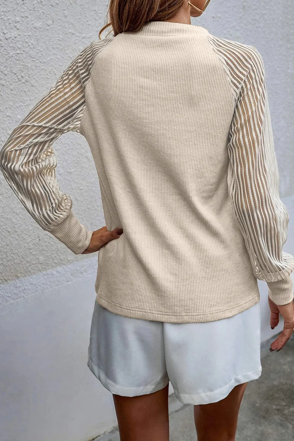 Apricot Black Stripe Mesh Long Sleeve Crewneck Top