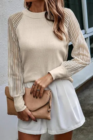Apricot Black Stripe Mesh Long Sleeve Crewneck Top
