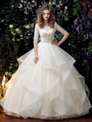 Beading Ball Gown Half Sleeve Wedding Dress