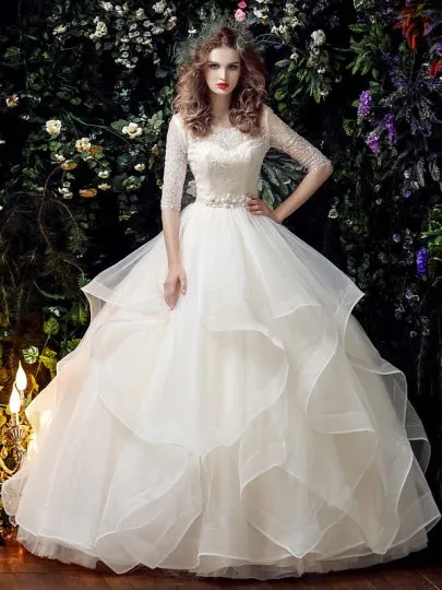 Beading Ball Gown Half Sleeve Wedding Dress