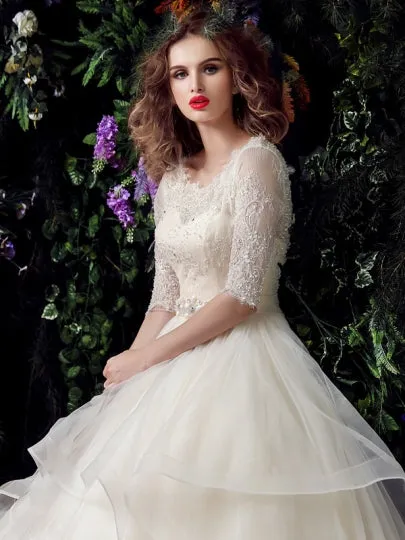 Beading Ball Gown Half Sleeve Wedding Dress