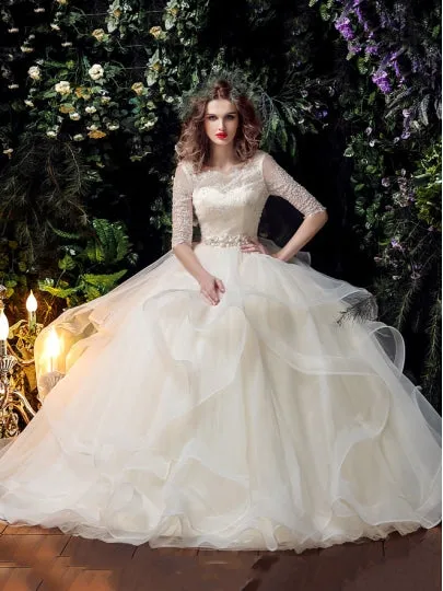 Beading Ball Gown Half Sleeve Wedding Dress
