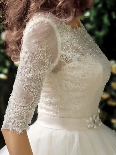 Beading Ball Gown Half Sleeve Wedding Dress