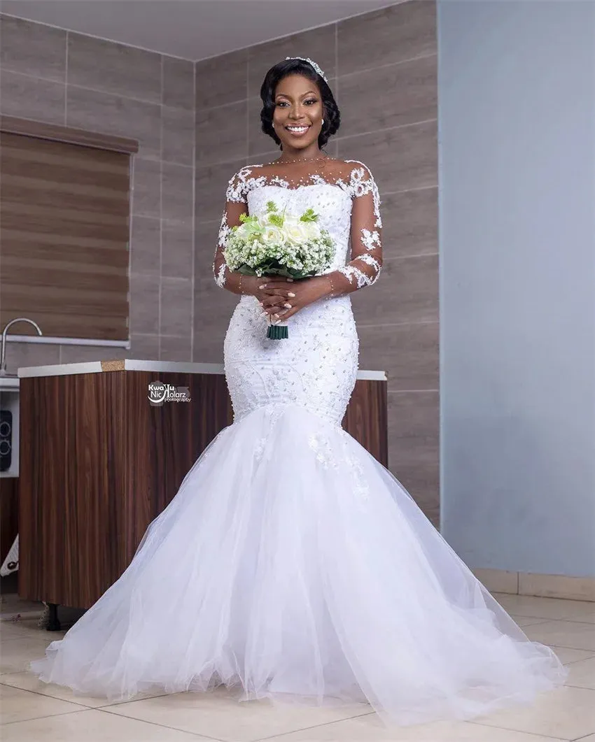 Beading Mermaid Wedding Dress Long Sleeve Appliques