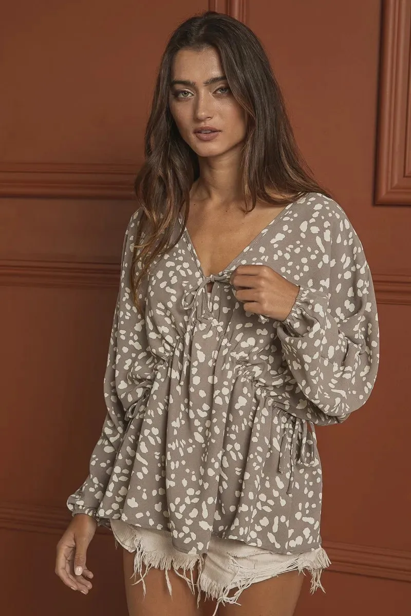 BiBi Leopard Woven Tied Spaghetti V Neck Lslv Top