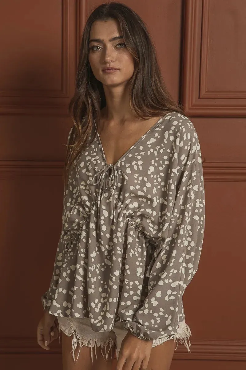 BiBi Leopard Woven Tied Spaghetti V Neck Lslv Top