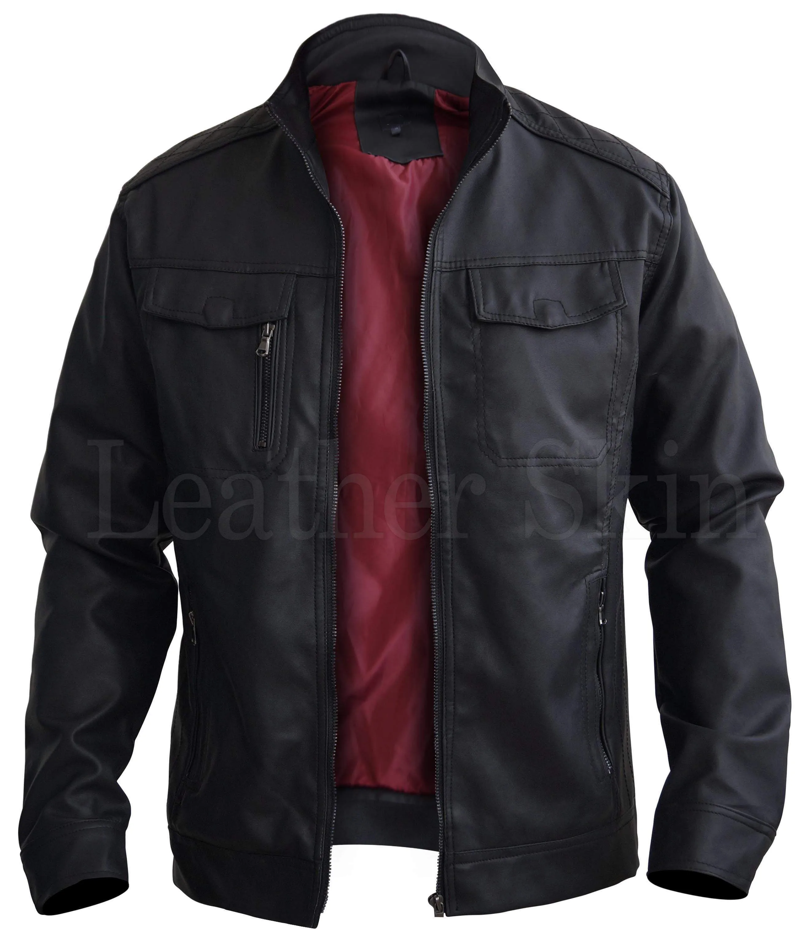 Black Crossed Shoulder Leather Jacket