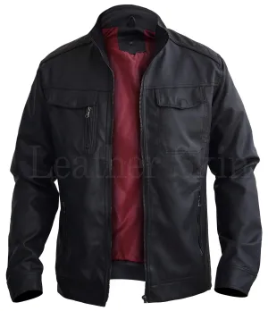 Black Crossed Shoulder Leather Jacket