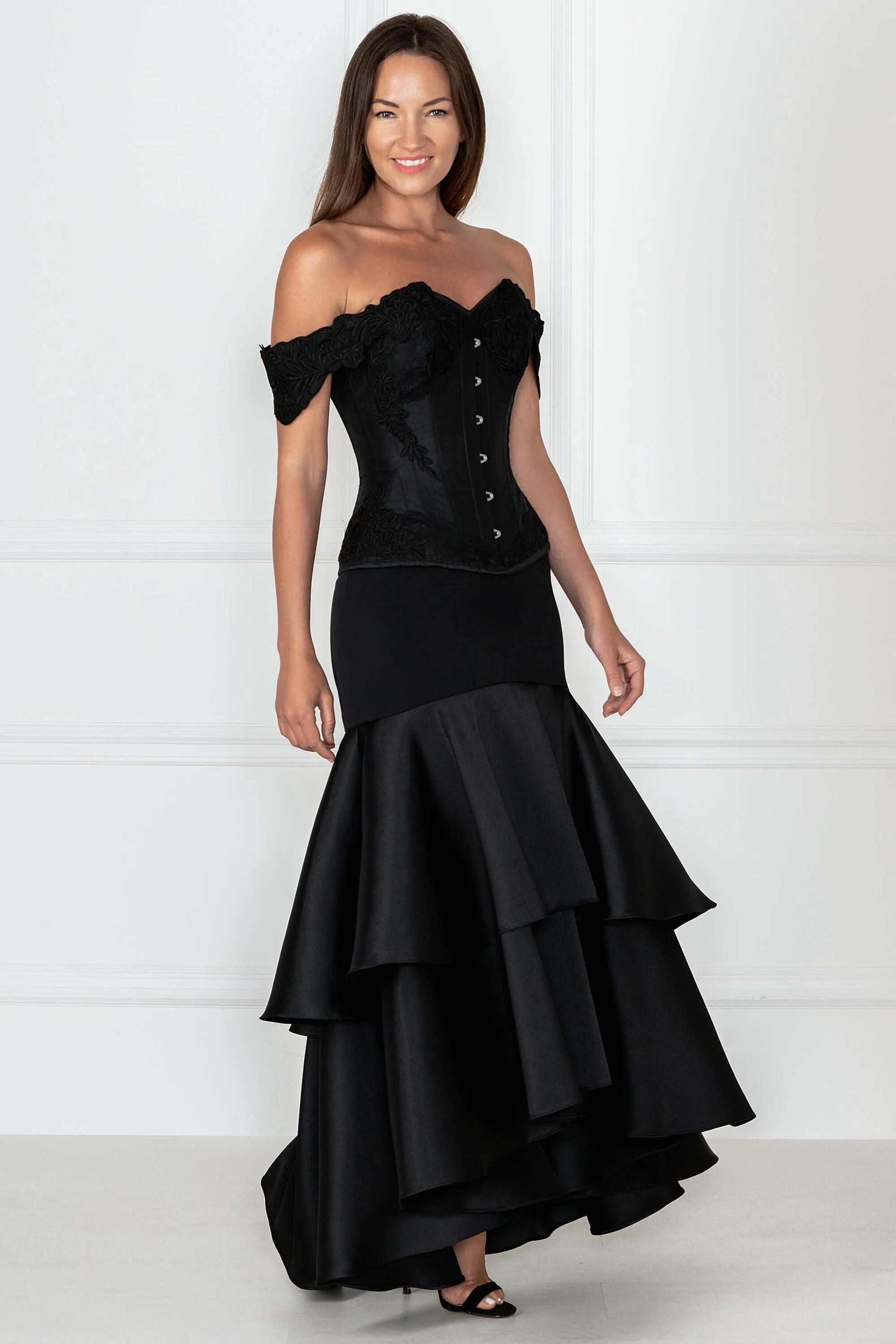 Black Longline Corset Top with Lace Cap Sleeve