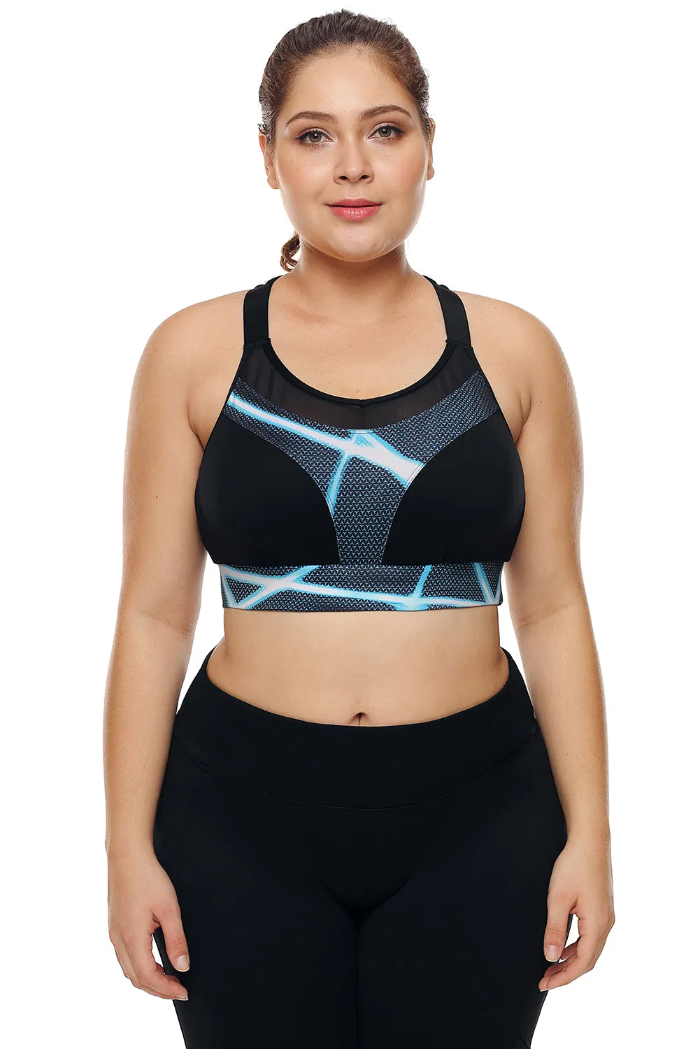 Black Mesh and Print Patchwork Yoga Bra
