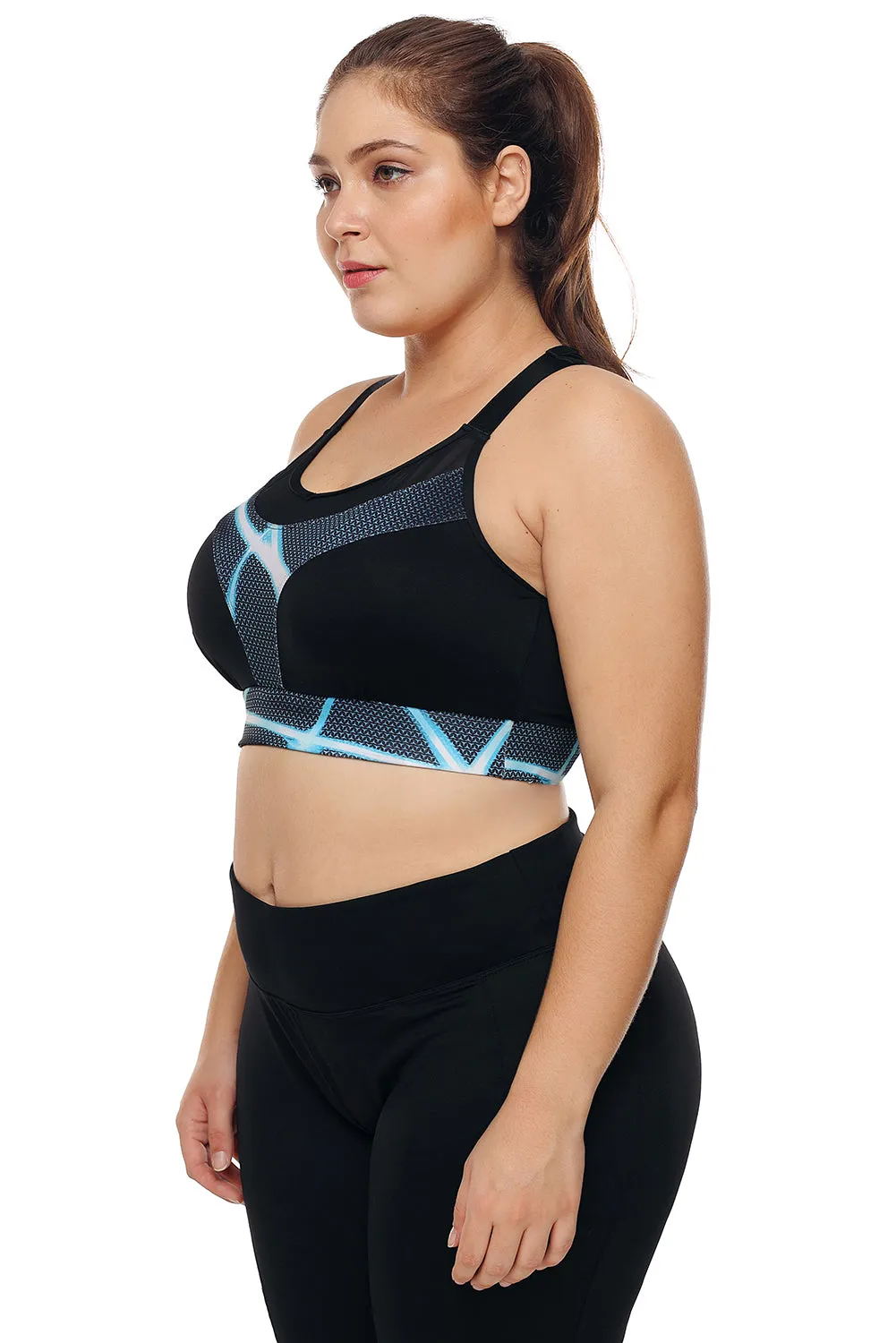 Black Mesh and Print Patchwork Yoga Bra