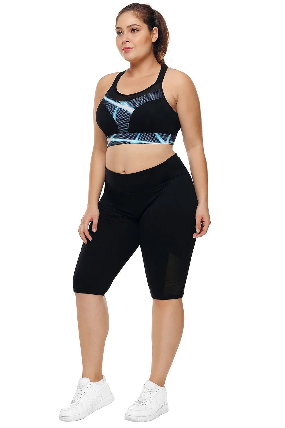Black Mesh and Print Patchwork Yoga Bra