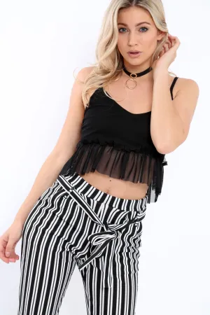 Black Mesh Frill Hem Crop Top - Annora