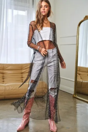 Black Mesh Pearl Tie Waist Kimono