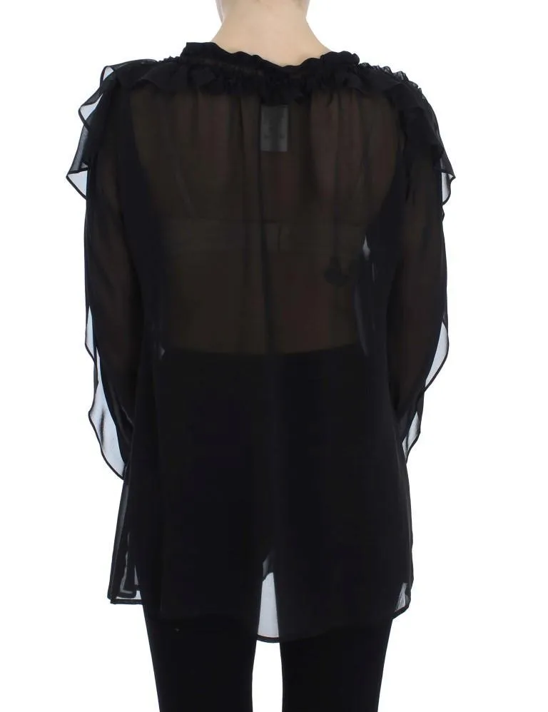 Black Ruffled Transparent Blouse Top