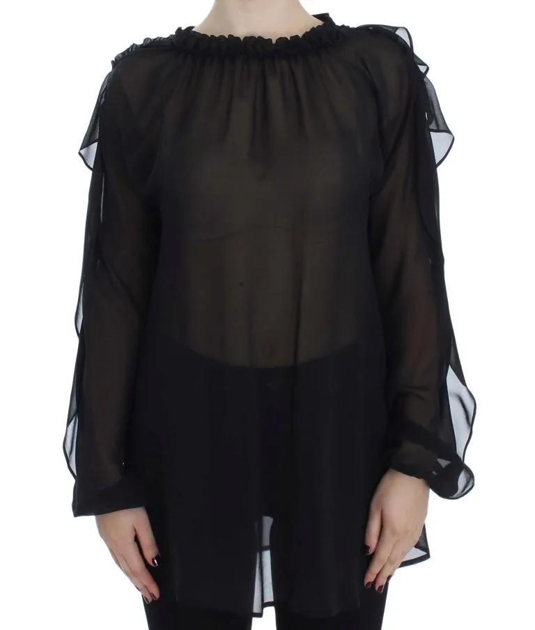 Black Ruffled Transparent Blouse Top