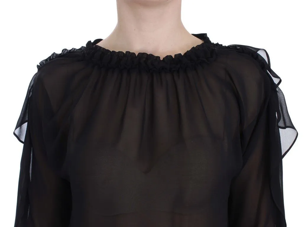 Black Ruffled Transparent Blouse Top