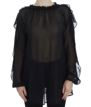 Black Ruffled Transparent Blouse Top
