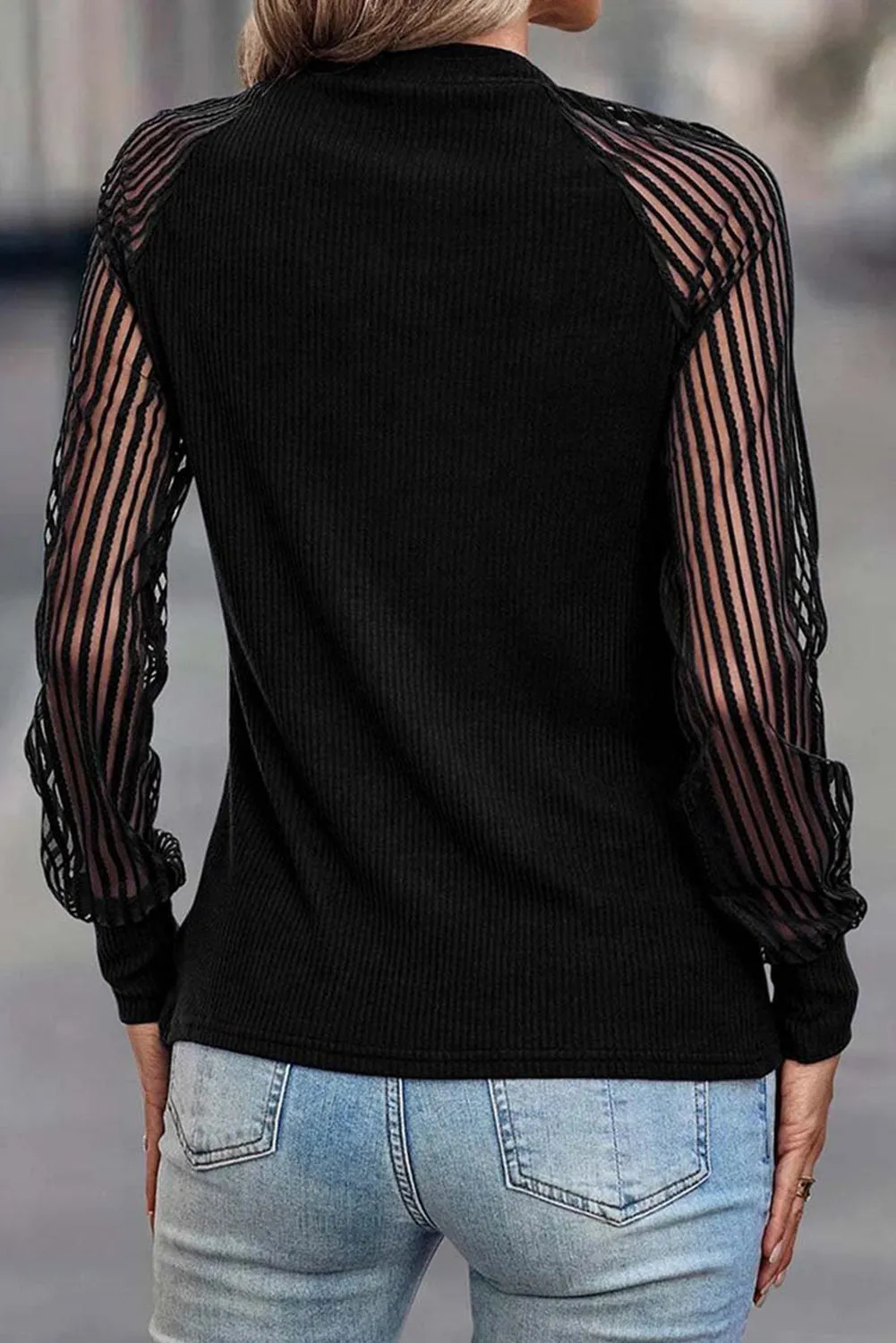 Black Stripe Mesh Long Sleeve Crewneck Top