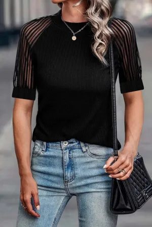Black Striped Mesh Sleeve O Neck T Shirt