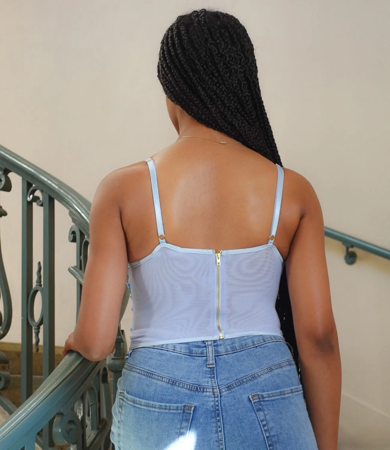 Blooming Mesh Floral Corset Top(Blue)