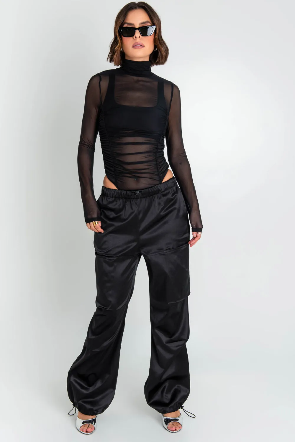 Body de mesh con plisados cuello alto
