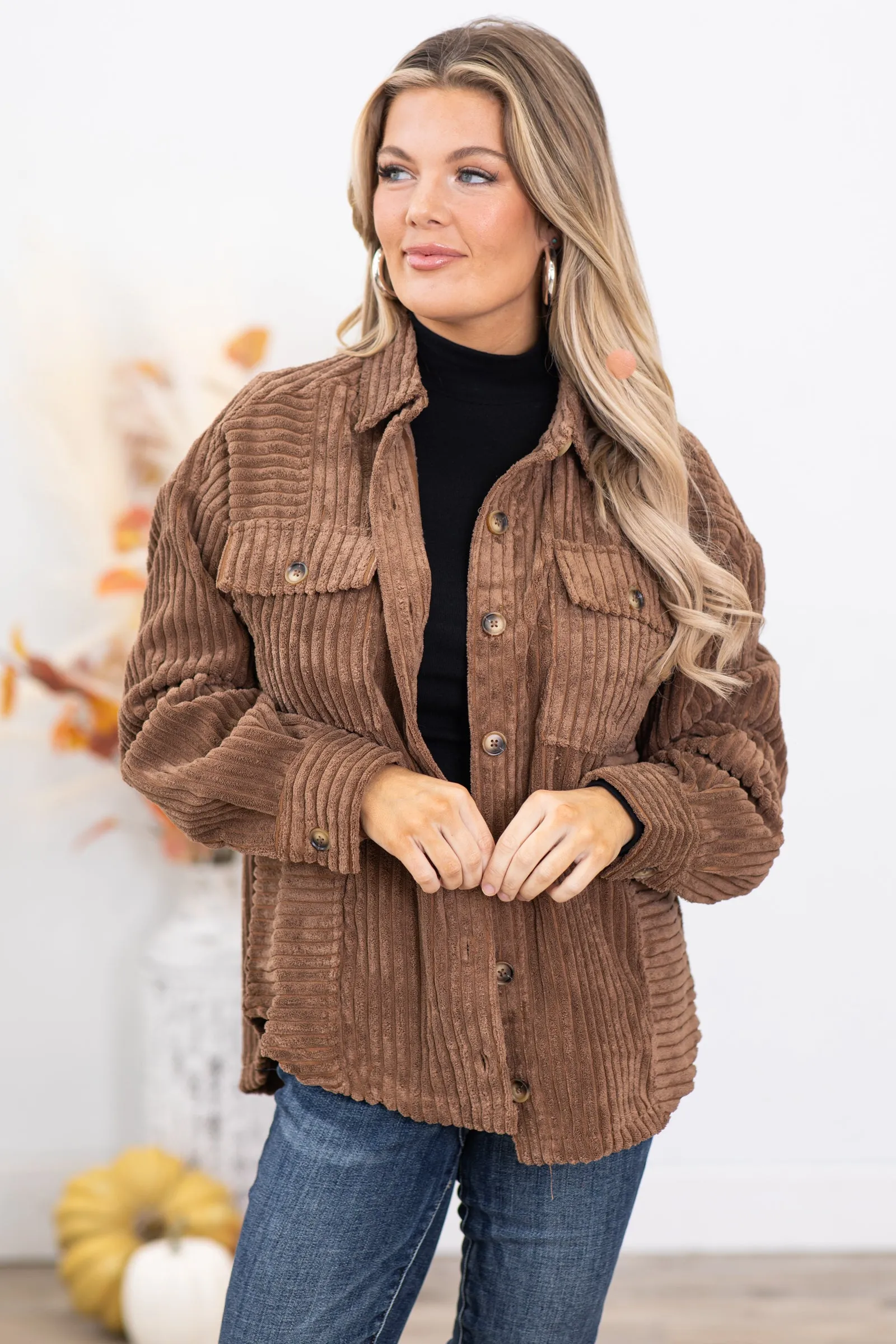 Brown Faux Fur Ribbed Shacket