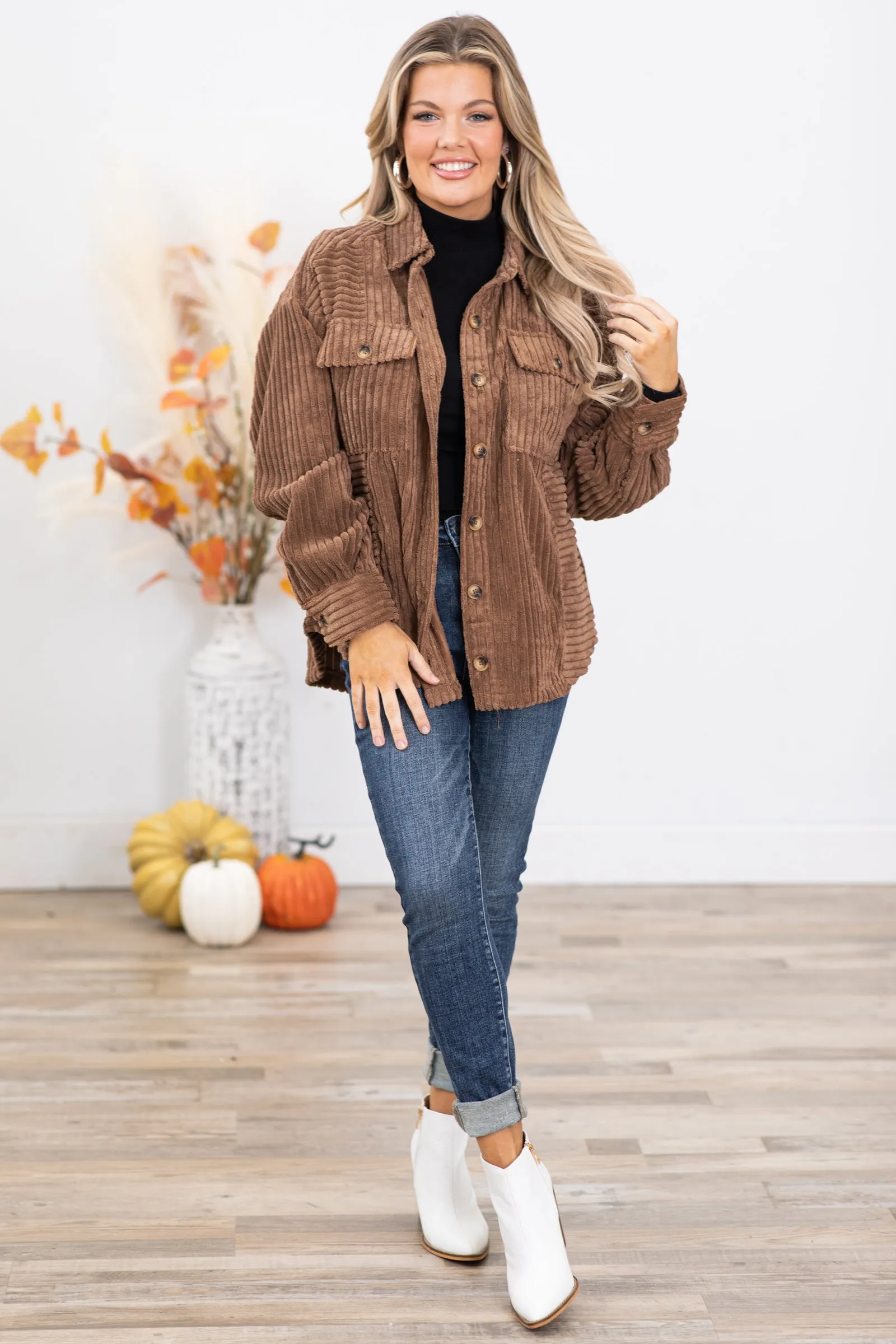 Brown Faux Fur Ribbed Shacket