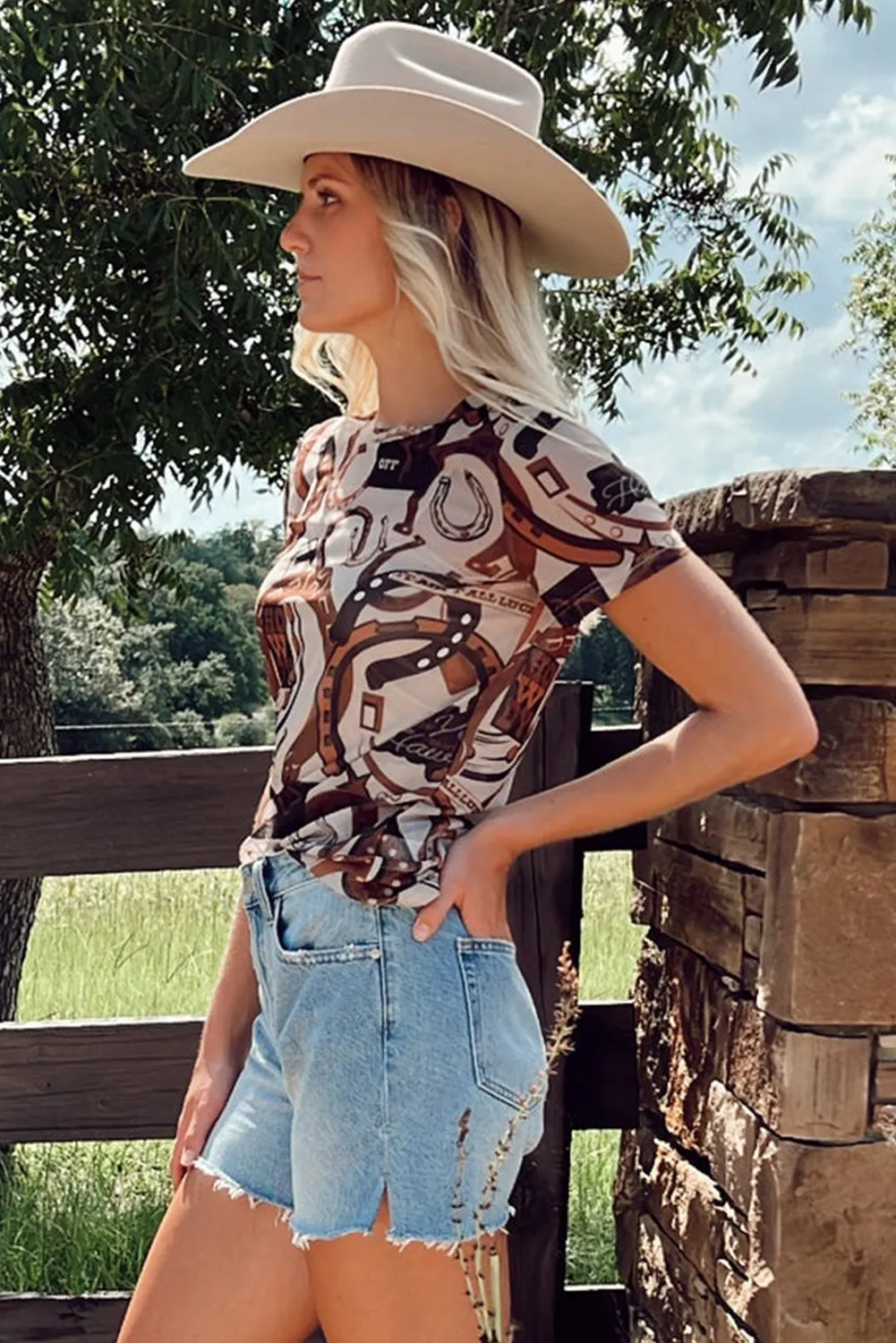 Brown Western Horseshoe Printed Mesh T Shirt