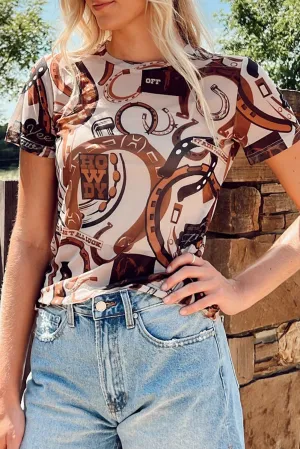 Brown Western Horseshoe Printed Mesh T Shirt