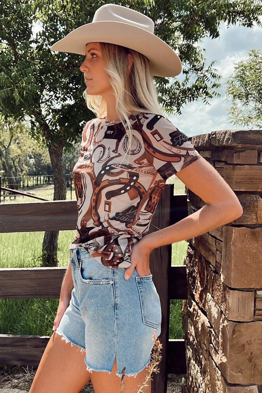 Brown Western Horseshoe Printed Mesh T Shirt