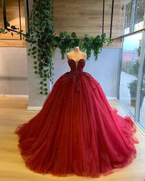 Burgundy Quinceanera Dress Sexy Deep V-Neck Tulle Skirts Lace Appliques Beaded Princess Ball Gowns vestidos de quinceañera Sweet 16 Dress